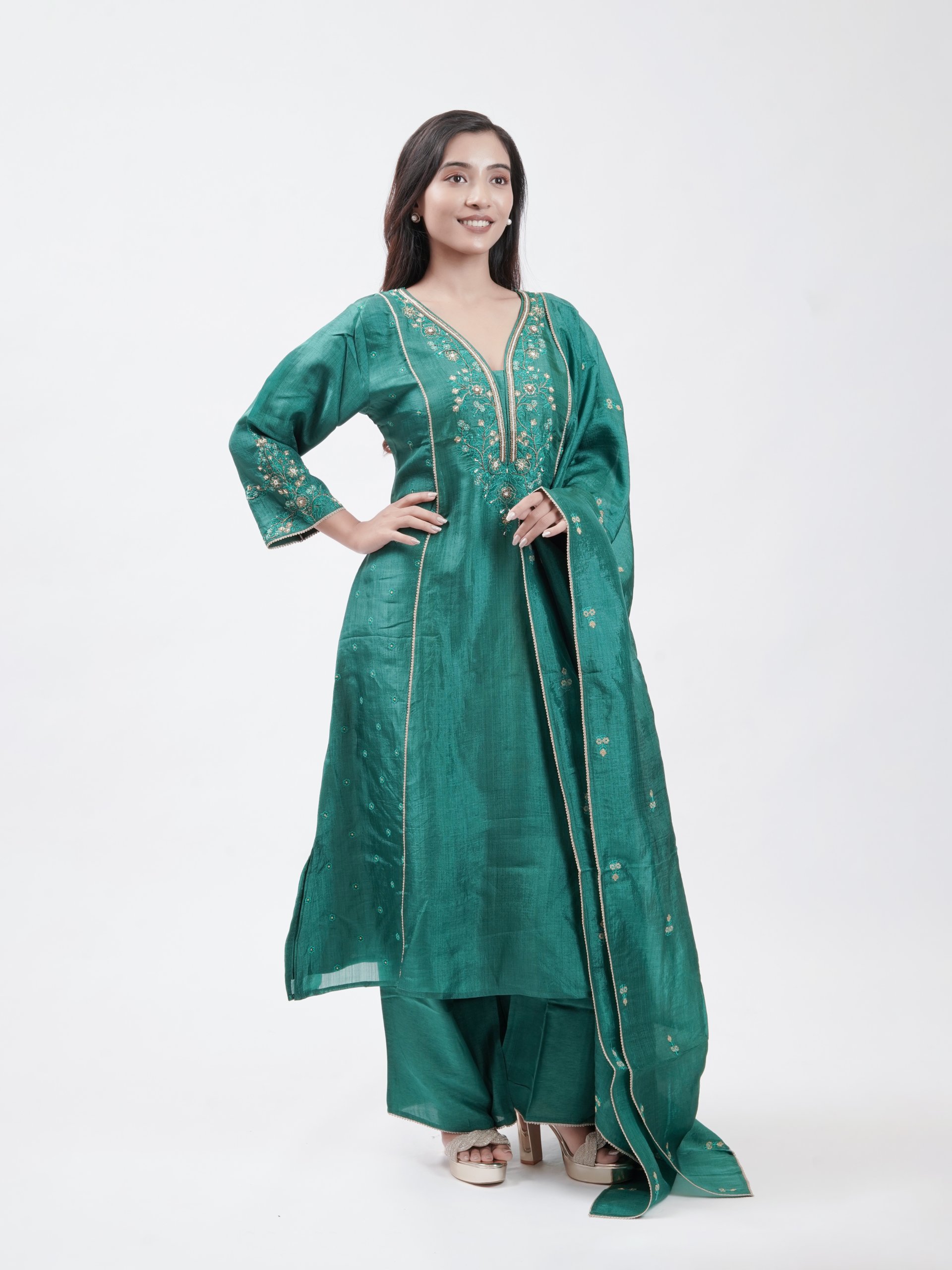 Teal Green Tussar Straight Pant 
