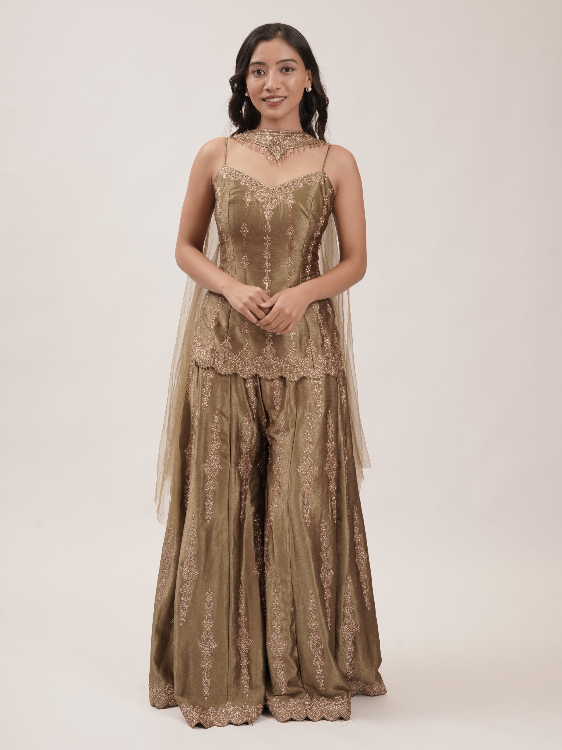 Olive Green Velvet Embroidered Palazzo Set 
