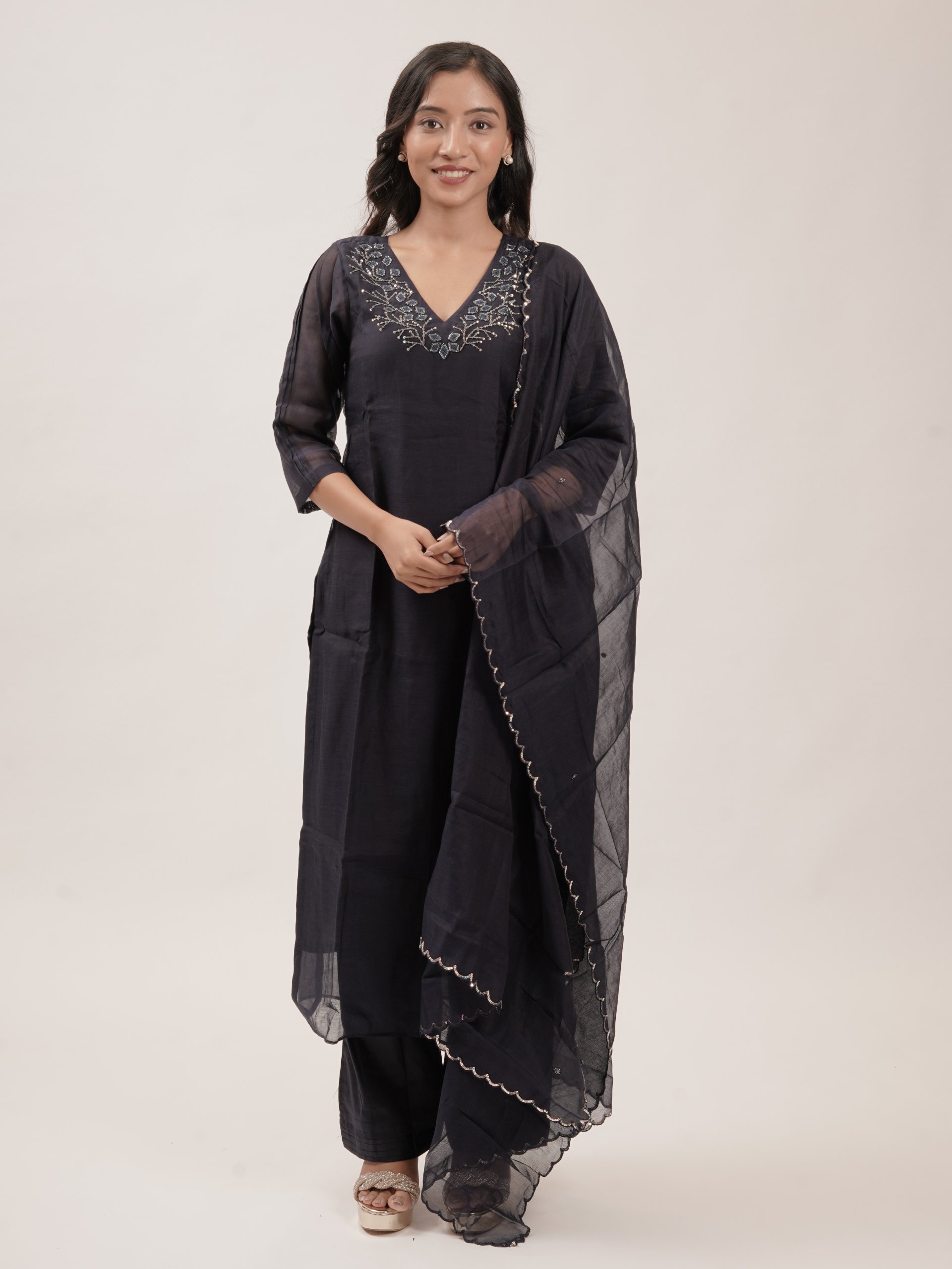 Navy Blue Chanderi Kurta Set