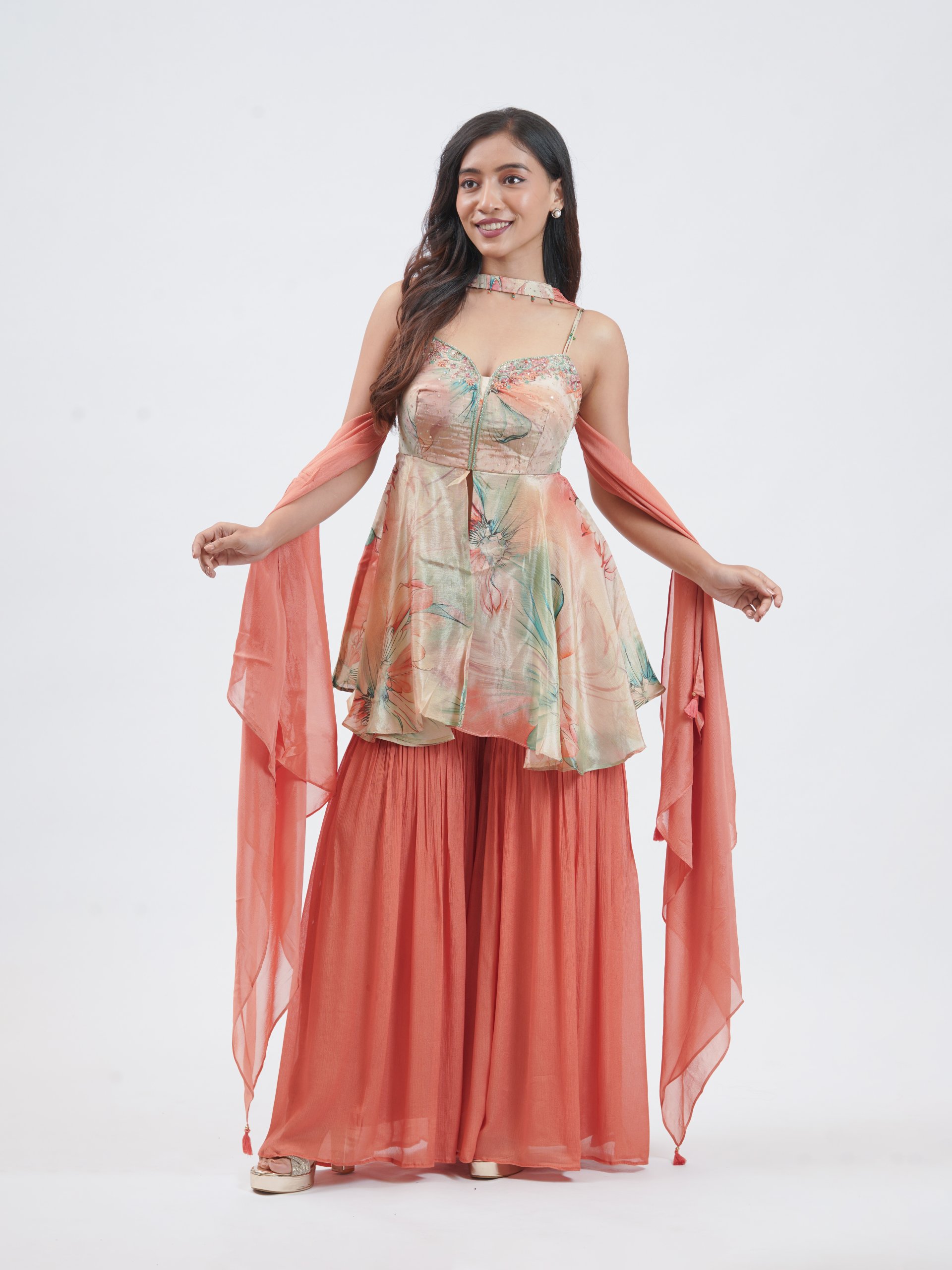 Peach Green Shimmer Chiffon Palazzo 