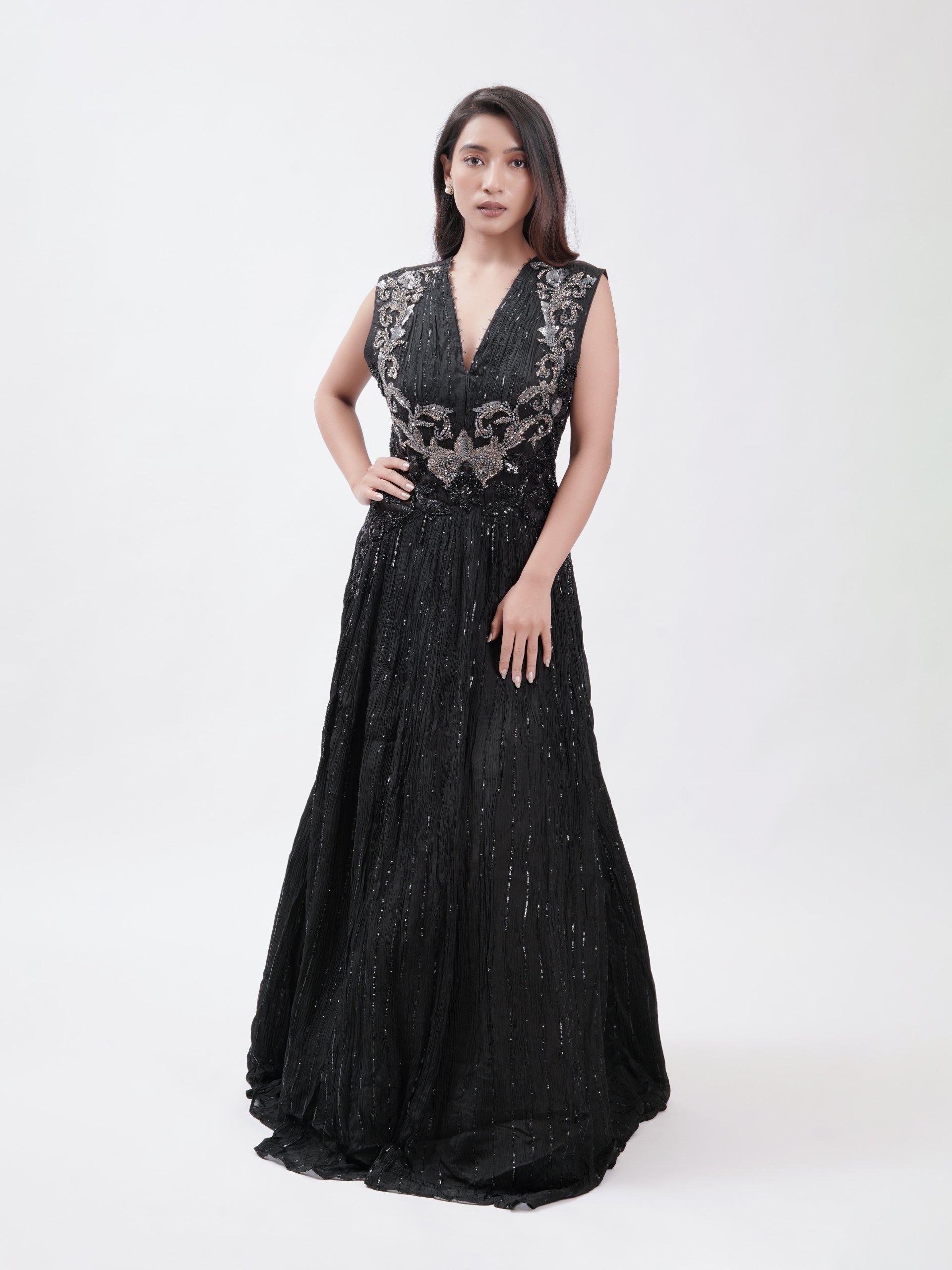 Black Crushed Chiffon Party Gown