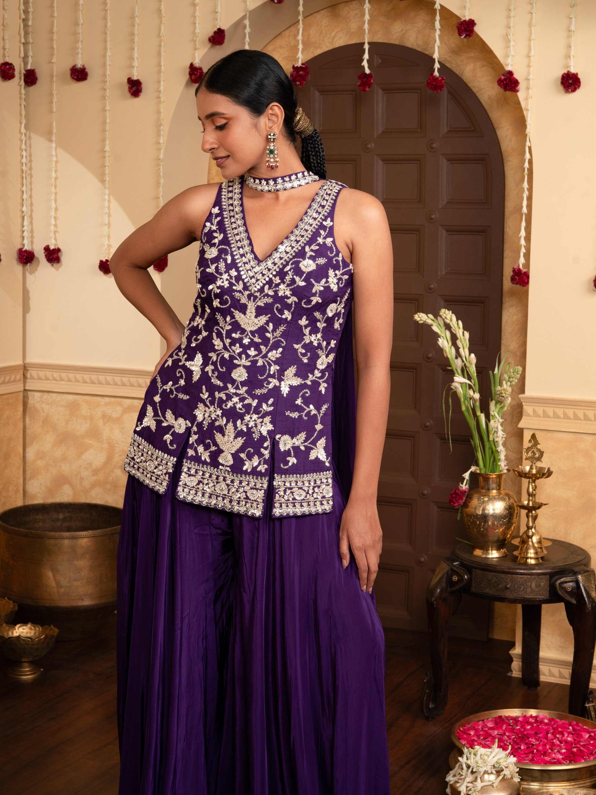 Plum Violet Crepe Indo-western Set