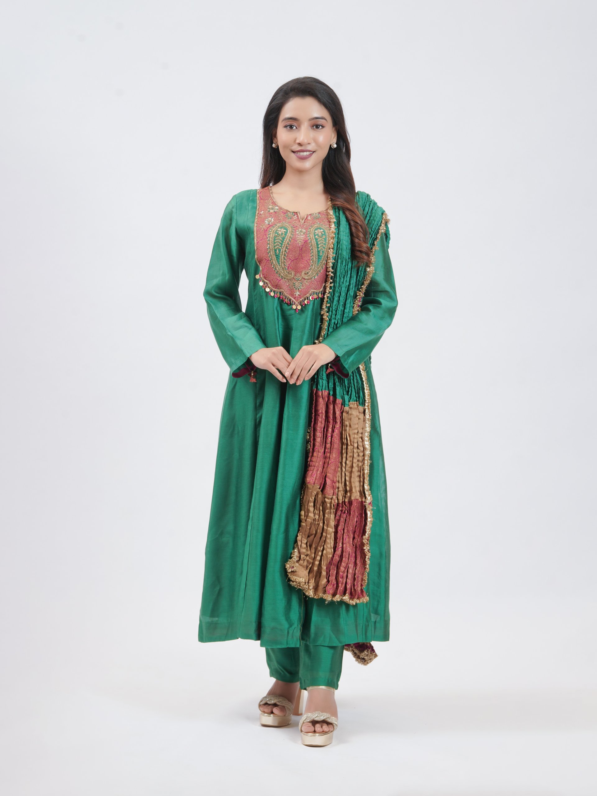 Forest Green Chanderi Silk Straight Pant